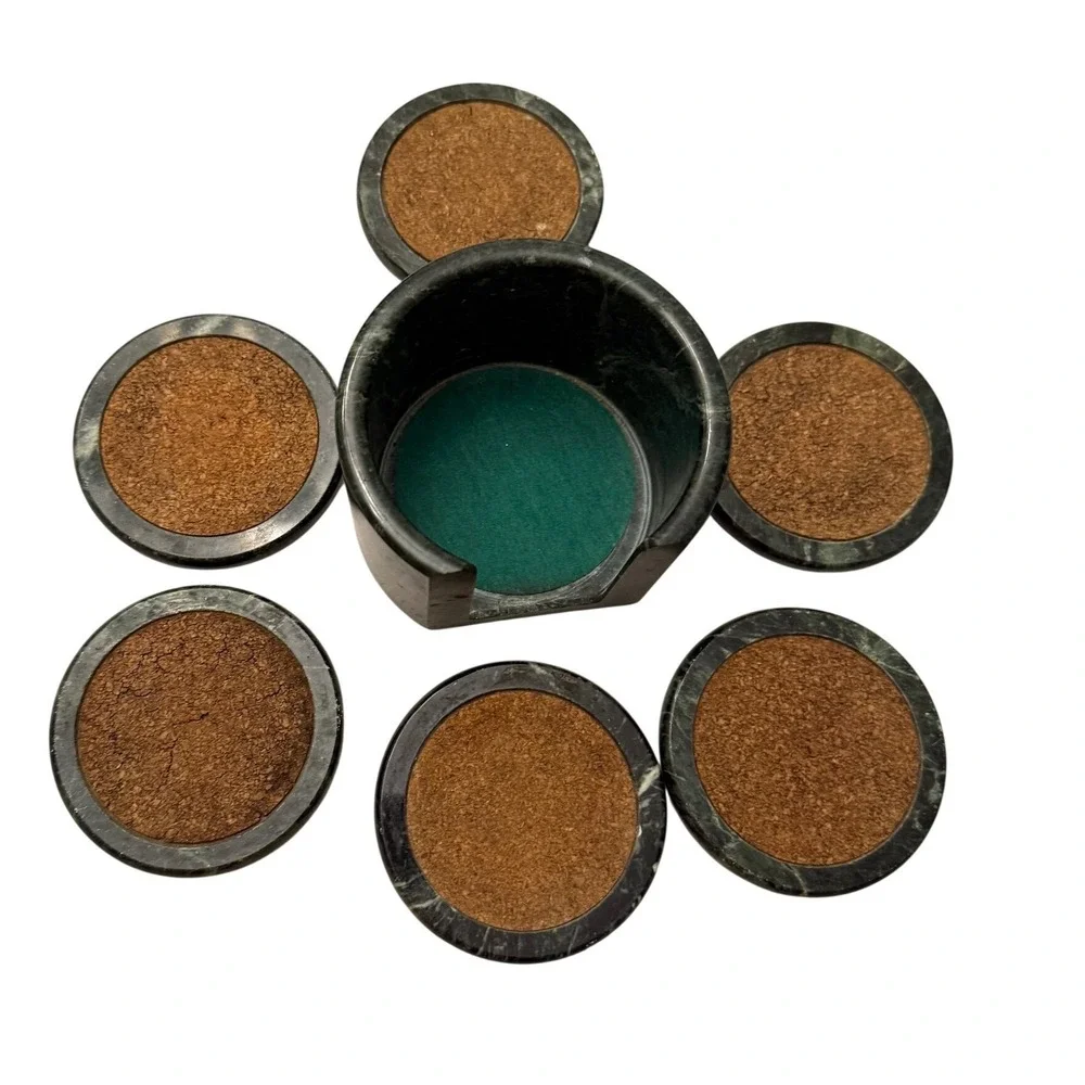 Vintage Dark Green Marble Coaster Set with Cork Inlays and Matching Holder 6pc